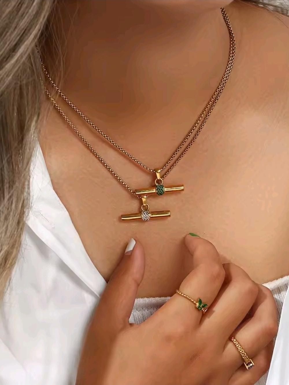 Gold Bar Pendant Necklace with Green Accent - Picture 9 of 14